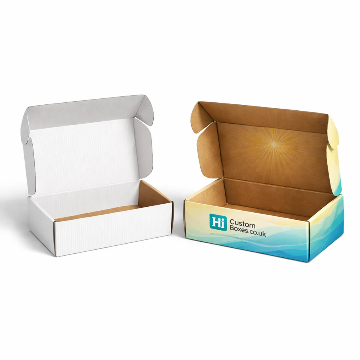Two open cardboard mailer boxes- one plain white and one with vibrant sun-themed internal printing- class=